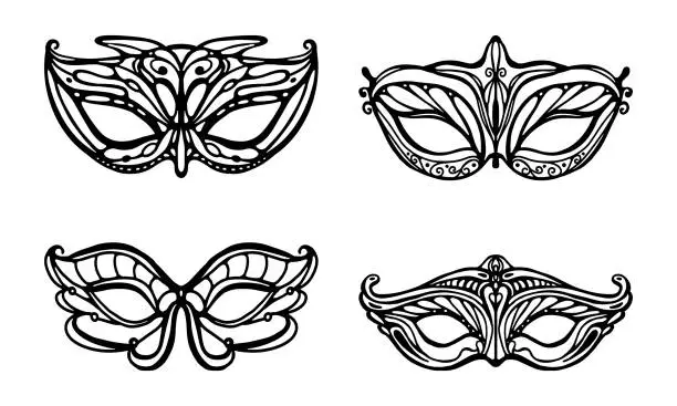 Vector illustration of Set of Mardi Gras Masks isolated on white background. Carnival Mask Vector Illustration. Venetian elegance mask.