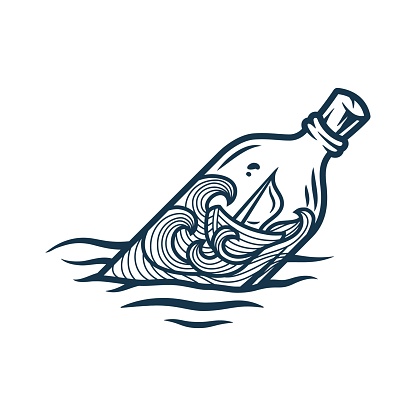 Vector illustration of boat swinging on the waves inside the bottle.