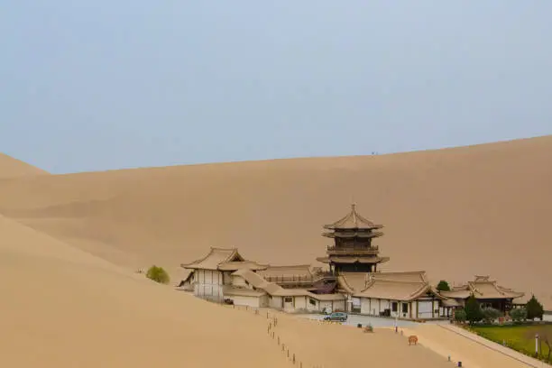 The Temple in Mingsha Mountain and Desert and Crescent Moon Spring Scenic Spot in Dunhuang City it's also a part of Gobi Desert