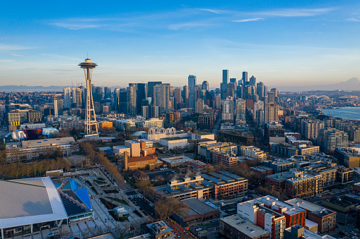 Aerial view of Seattle at sunset including the famous Space Needle.