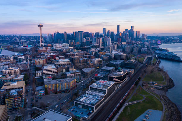 istock Aerial view of downtown Seattle at sunset 1367300502