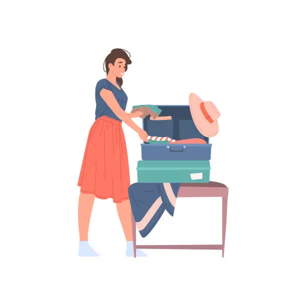 Vector illustration of Smiling young woman packing clothes in suitcase ready to travel vacation vector flat illustration