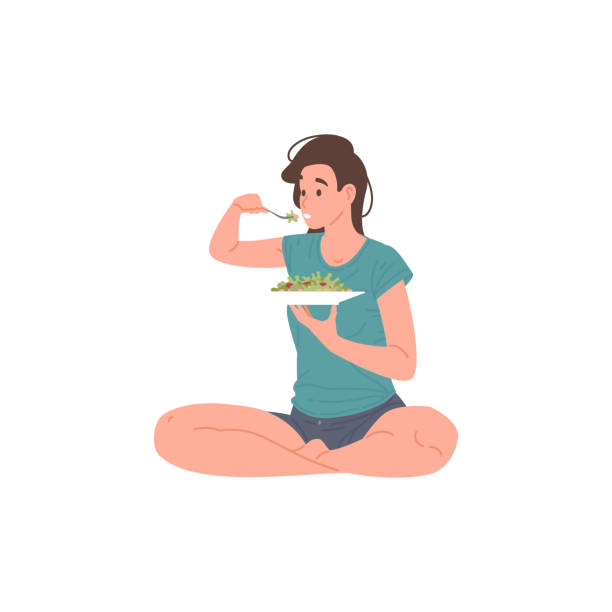 ilustraciones, imágenes clip art, dibujos animados e iconos de stock de mujer doméstica relajada comiendo ensalada fresca y saludable sentada en posición de loto en el piso vector de la casa - eating