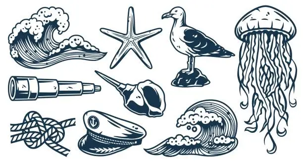Vector illustration of Set of nautical elements for marine design