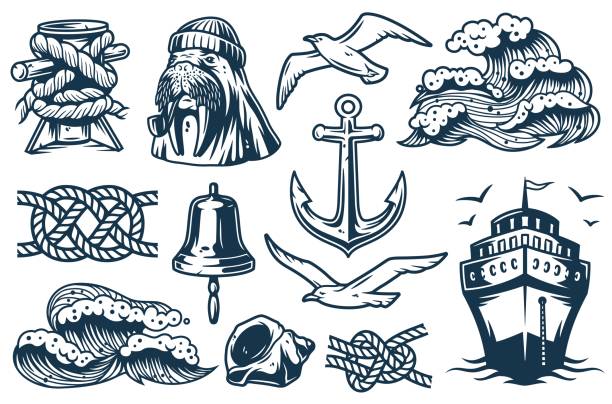 Set of nautical elements for marine design Set of nautical elements for marine design, including sea or ocean wave, walrus, wave, anchor, knot, ship and bell nautical tattoos stock illustrations