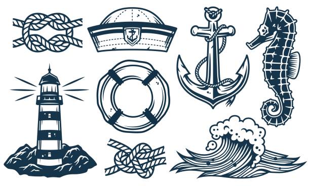 ilustraciones, imágenes clip art, dibujos animados e iconos de stock de conjunto de elementos náuticos para el diseño marino - sailor