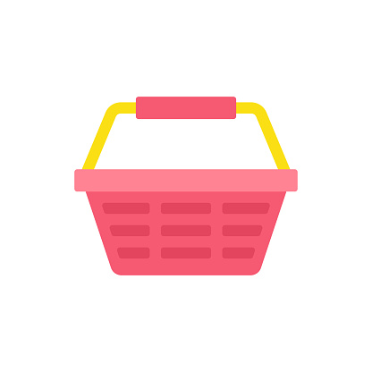 Red plastic supermarket basket with yellow handle up comfortable goods carrying vector flat illustration. Store shop cart for shopping isolated. Retail, consumerism, products, purchase, shopaholism