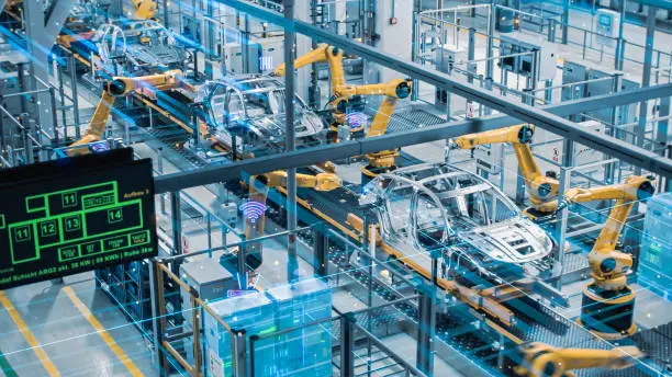 Photo of Car Factory Digitalization Industry 4.0 5G IOT Concept: Automated Robot Arm Assembly Line Manufacturing High-Tech Electric Vehicles. AI Computer Vision Analyzing, Scanning Production Efficiency
