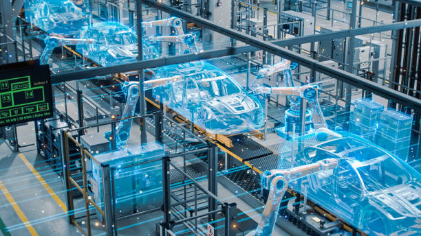 istock Car Factory Digitalization Industry 4.0 Concept: Automated Robot Arm Assembly Line Manufacturing High-Tech Green Energy Electric Vehicles. AI Computer Vision Analyzing, Scanning Production Efficiency 1367303203