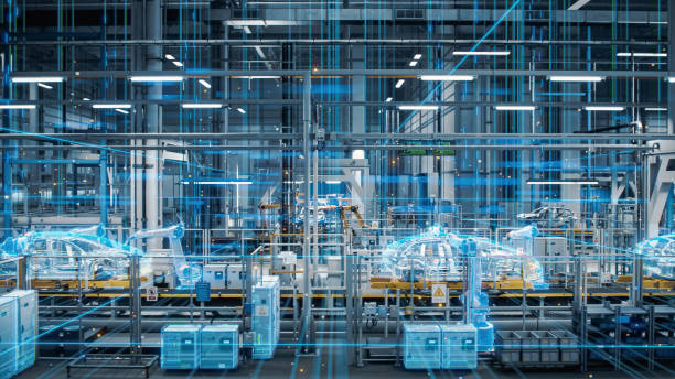 istock Side-View Car Factory Digitalization: Automated Robot Arm Assembly Line Manufacturing High-Tech Sustainable Electric Vehicles. Futuristic AI Computer Vision Analyzing, Scanning Production Efficiency 1367303206