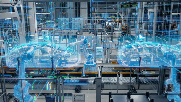 istock Side-View Car Factory Digitalization: Automated Robot Arm Assembly Line Manufacturing High-Tech Sustainable Electric Vehicles. Futuristic AI Computer Vision Analyzing, Scanning Production Efficiency 1367303210