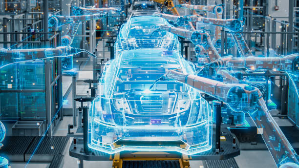 istock Front View Car Factory Digitalization: Automated Robot Arm Assembly Line Manufacturing High-Tech Sustainable Electric Vehicles. Futuristic AI Computer Vision Analyzing, Scanning Production Efficiency 1367303224