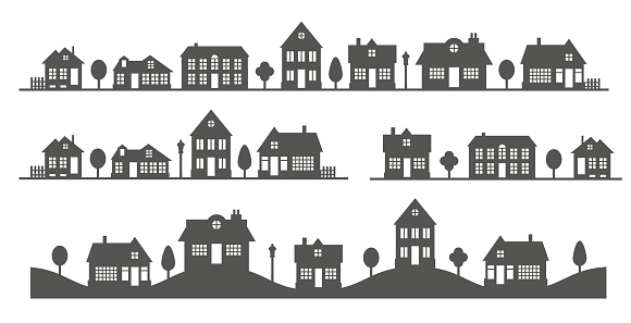 Silhouette of landscape of neighborhood. Black and white houses on the skyline. Countryside cottage homes. Glyph vector illustration