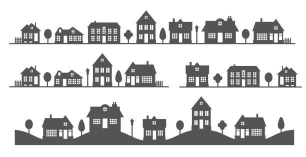 Silhouette of landscape of neighborhood. Black and white houses on the skyline. Countryside cottage homes. Glyph vector illustration. Silhouette of landscape of neighborhood. Black and white houses on the skyline. Countryside cottage homes. Glyph vector illustration window silhouettes stock illustrations