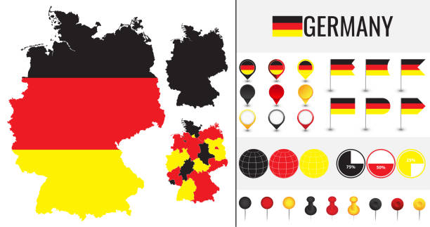 векторная карта германии с флагом, глобусом и иконками на белом фоне - nordrhein westfalen flag stock illustrations