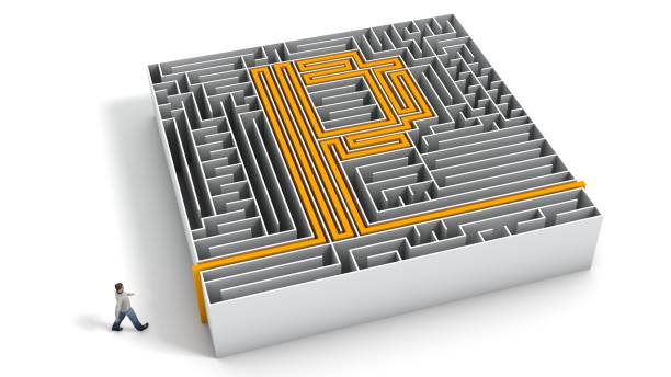istock 3D illustration of P-shaped maze with a man entering 1367307656