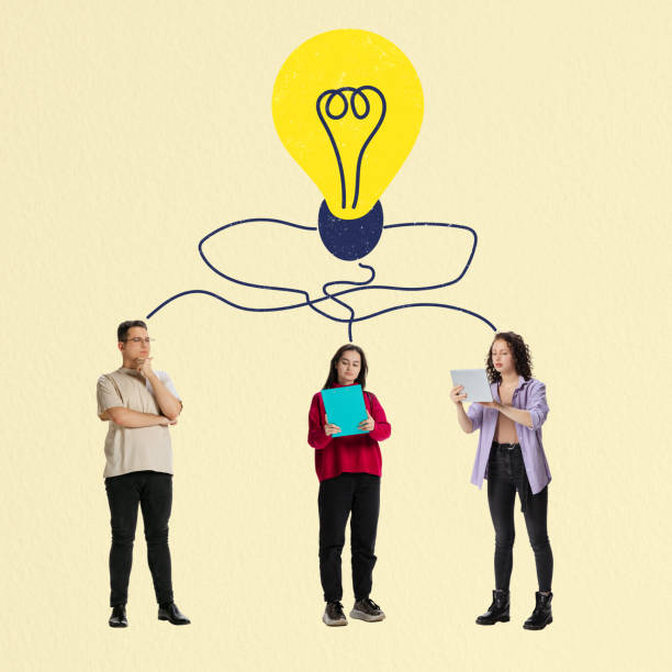 istock Contemporary art collage. Three employees, managers working on new business idea 1367307967