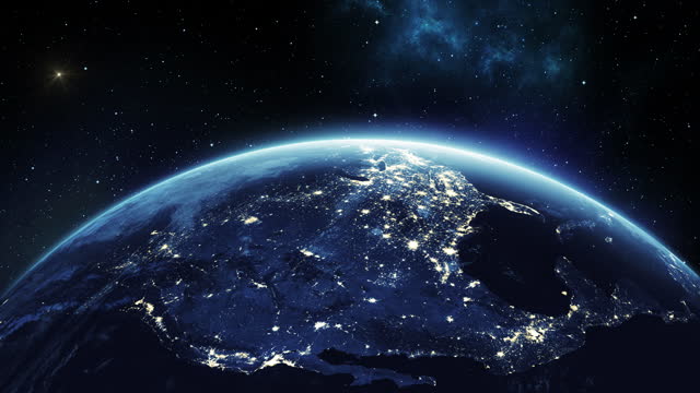 North America View from Space. Planet Earth Cities Lights at Night. Beautiful View of the Globe from Orbit Satellite. World Technology and Business Concept.