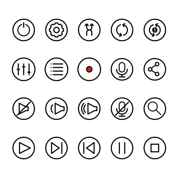 ilustrações de stock, clip art, desenhos animados e ícones de vector set of icon music player for mobile and web. - application software push button interface icons icon set