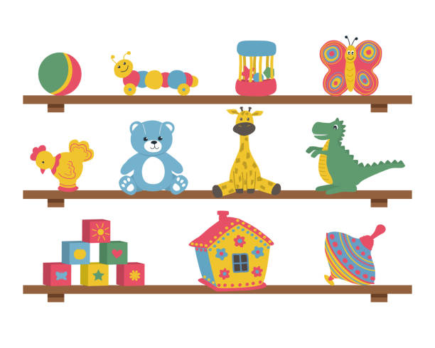 игрушки на полках. здесь есть кубики, плюшевый мишка, мяч, жираф, бабочка, динозавр, курица, дом, волчок и другие предметы. - dinosaur animal cartoon blue stock illustrations