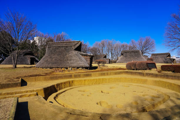 Pit-house dwelling in the Yayoi period Otsuka Saikachi Ruins Park (Yokohama City, Kanagawa Prefecture, Kohoku New Town) On a sunny day in January 2022, I went to the Kohoku New Town district, which was created in the inland area of Yokohama City.
We took a walk through the Otsuka / Saikachido Ruins Park, which is a large park based on the Otsuka Ruins and Saikachido Ruins discovered along with the land reclamation. pithouse ruins stock pictures, royalty-free photos & images