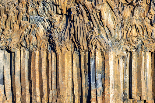 Basalt columns at Aldeyjarfoss waterfall, Iceland. The columns were formed some 9000 years ago from cooling magma from a volcanic event. Northern Iceland.