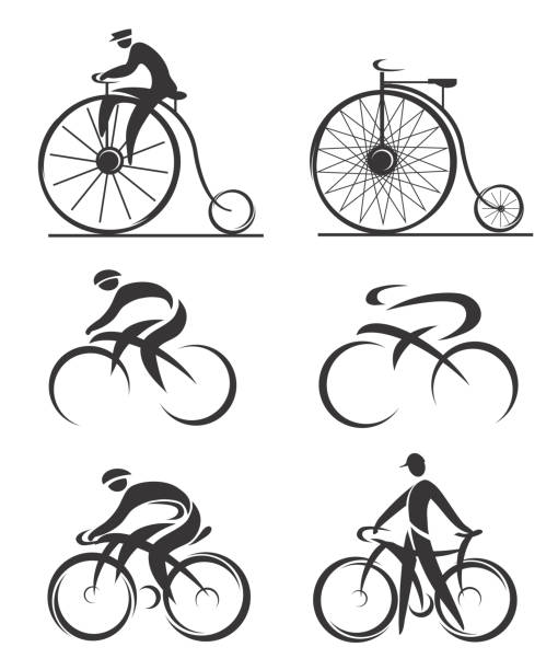 Cycling differently styled icons. Set of black symbols of  modern andPenny Farthing  bicycls . Isolated on white background. Vector available. penny farthing bicycle stock illustrations