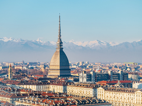 Panoramic view of Turin skyline with Alps in the background