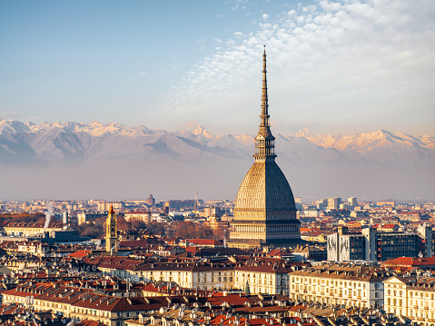 Panoramic view of Turin skyline with Alps in the background