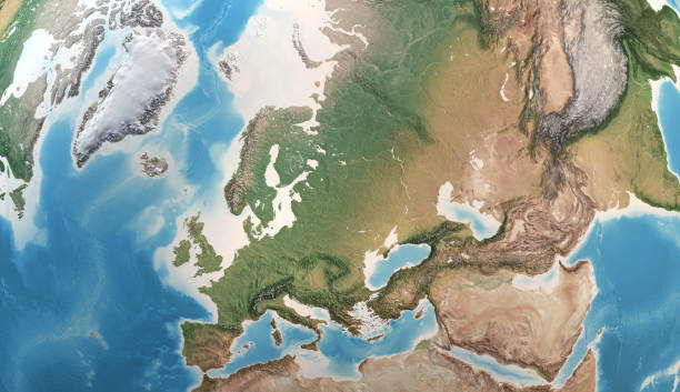 High resolution detailed map of Europe, Greenland, Middle East and Asia Physical map of Europe, Greenland, Middle East and Asia, with high resolution details. Satellite view of Planet Earth. 3D illustration - Elements of this image furnished by NASA western europe stock pictures, royalty-free photos & images