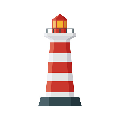 Lighthouse. A red-and-white striped structure built in the form of a tower, designed for navigating ships near dangerous shores. Vector illustration isolated on a white background for design and web.