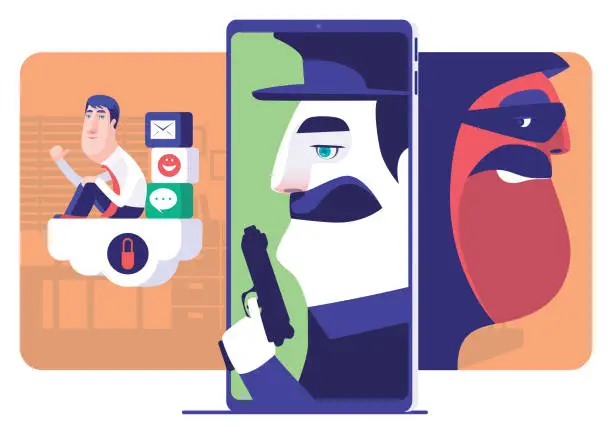 Vector illustration of businessman with security guard and hacker hiding behind smartphone