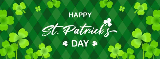 Vector illustration of Happy St. Patrick's Day Banner vector illustration. Shamrock on green argyle pattern.