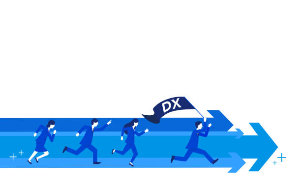 Businessteam running,with flag writtern "DX",copy space,many arrows,vector illustration business dx stock illustrations