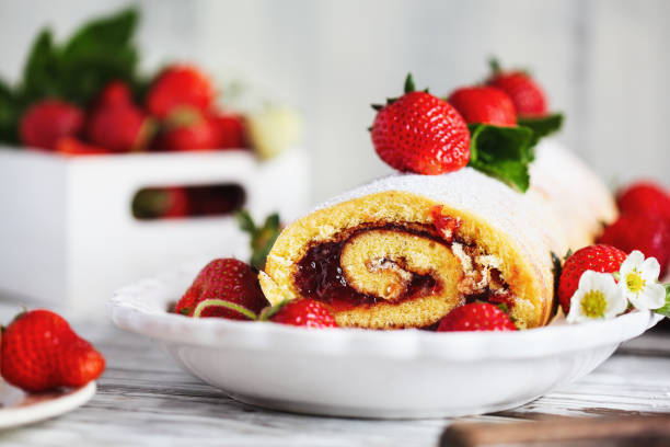 istock Sweet Strawberry Shortcake Sponge or Roulade Cake Roll 1367320202