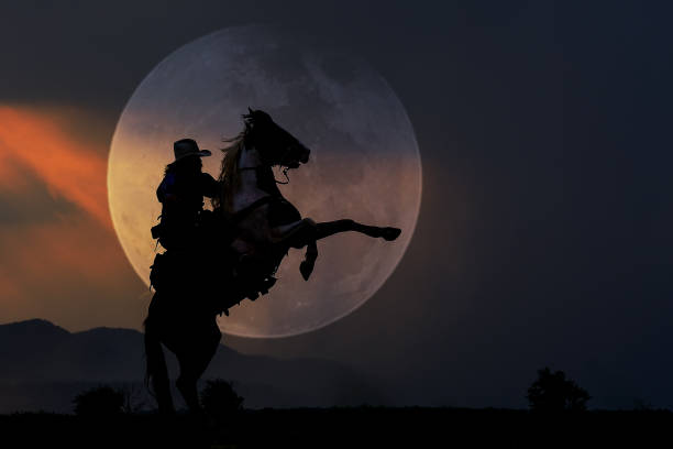 istock Cowboy silhouette on horseback with moon as background. 1367321844