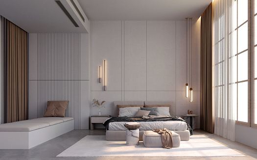 3d rendering,3d illustration, Interior Scene and  Mockup,A hotel-style bedroom with a sitting corner beside the bed, a modern luxury room in brown and gray tones.