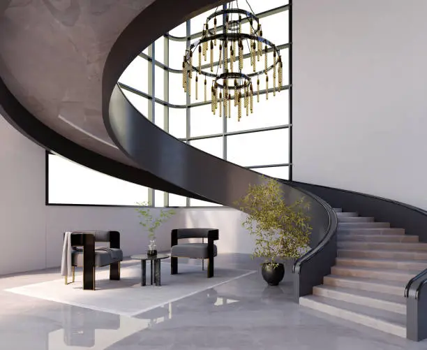 3d rendering,3d illustration, Interior Scene and  Mockup,Modern-style spiral staircase and living area with two black acrylic legs in an armchair.