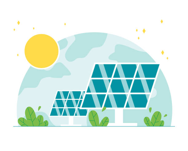 ilustraciones, imágenes clip art, dibujos animados e iconos de stock de paneles solares, central eléctrica alternativa. concepto de energía verde y fuentes de energía renovables. - solar power station