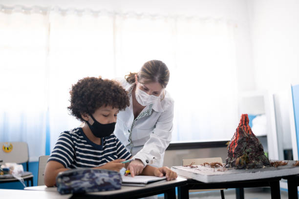 istock Teacher helping a student with a lesson in the classroom -  using a face mask 1367323782