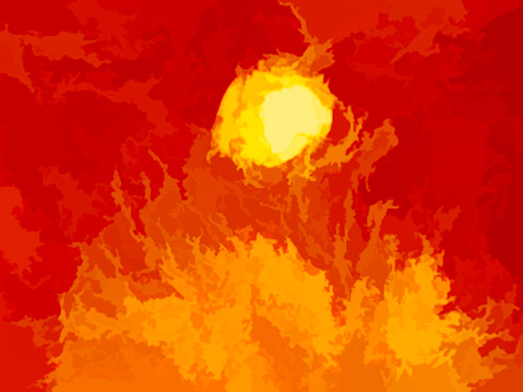 Fiery interpretation of the sun in the sky, post processed to give a painterly effect.