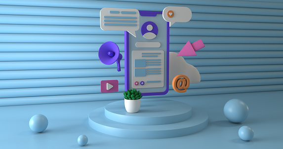 3d illustration of Mobile phone like 3D element on a blue background with colored 3d elements around it. You tube icon, mail icon, message icon