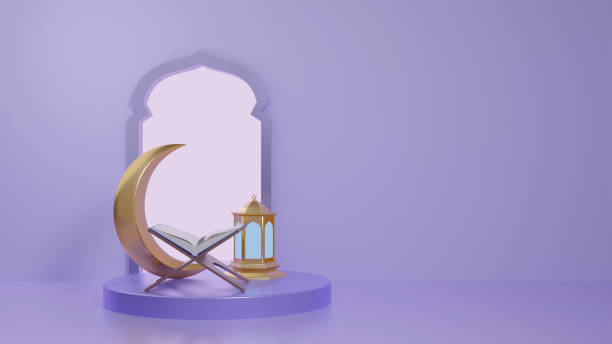 Islamic ramadan greeting background with round podium stage, lantern, moon, mosque ornament and quran. 3D rendering