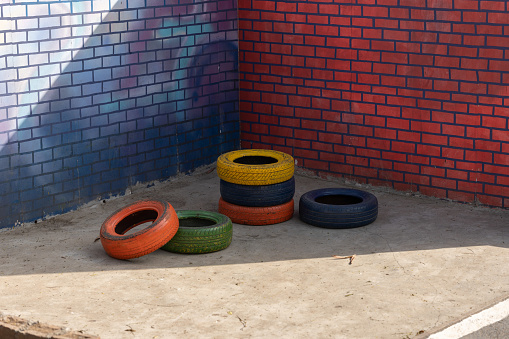 Colorful tyres in the school playground