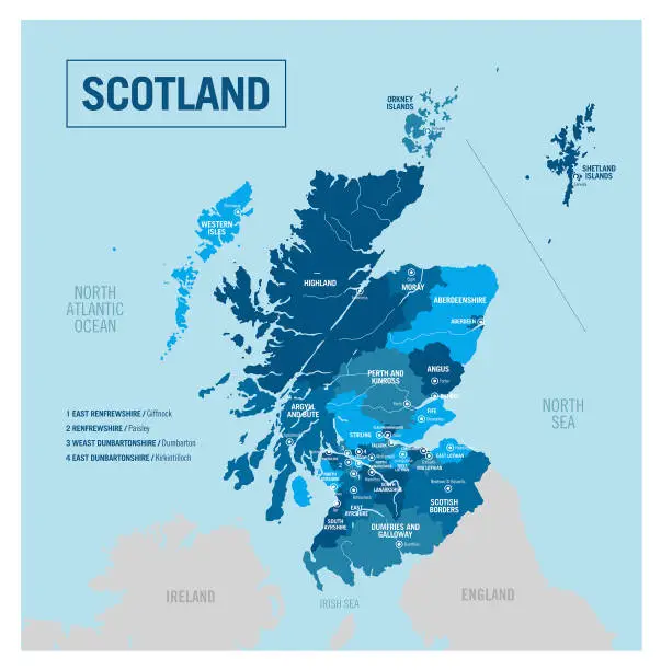 Vector illustration of Scotland region, country political map. High detailed vector illustration with isolated provinces, departments, regions, counties, cities and states easy to ungroup.