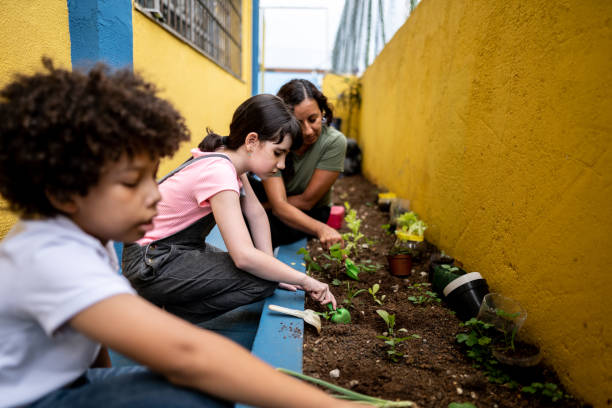 estudiantes plantando en el jardín de la escuela - florida house patio real estate fotografías e imágenes de stock