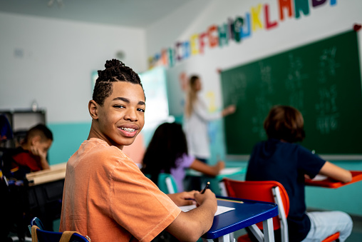 Portrait of a boy studying in the classroom