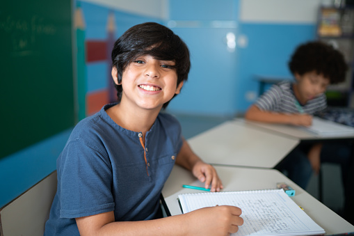 Portrait of a boy taking notes in the classroom