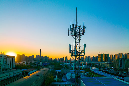 Aerial view of t telecommunication tower,4g and modern 5g traffic network service