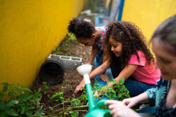 estudiantes plantando en el jardín de la escuela - florida house patio real estate fotografías e imágenes de stock